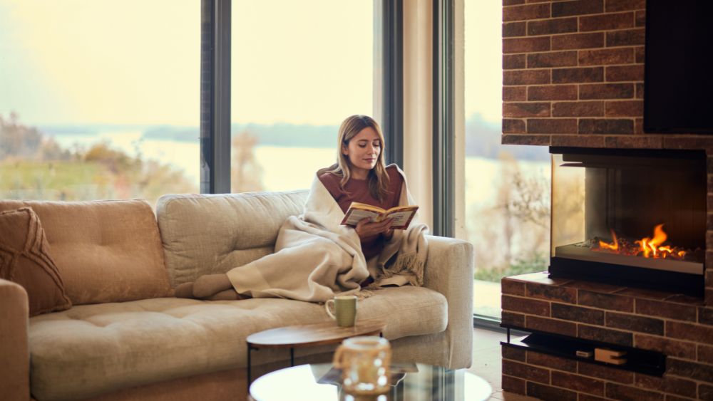Woman curled up with a book on a couch in front of a gas fireplace.